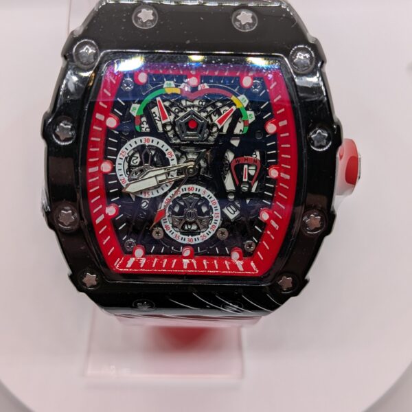 Luxury Skeleton Dial Tonneau Case Red Rubber Strap Sport Style